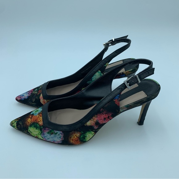Dorothy Perkins Black Floral Sling Back Shoes Stiletto Heels Faux Leather UK 7 - Picture 8 of 13